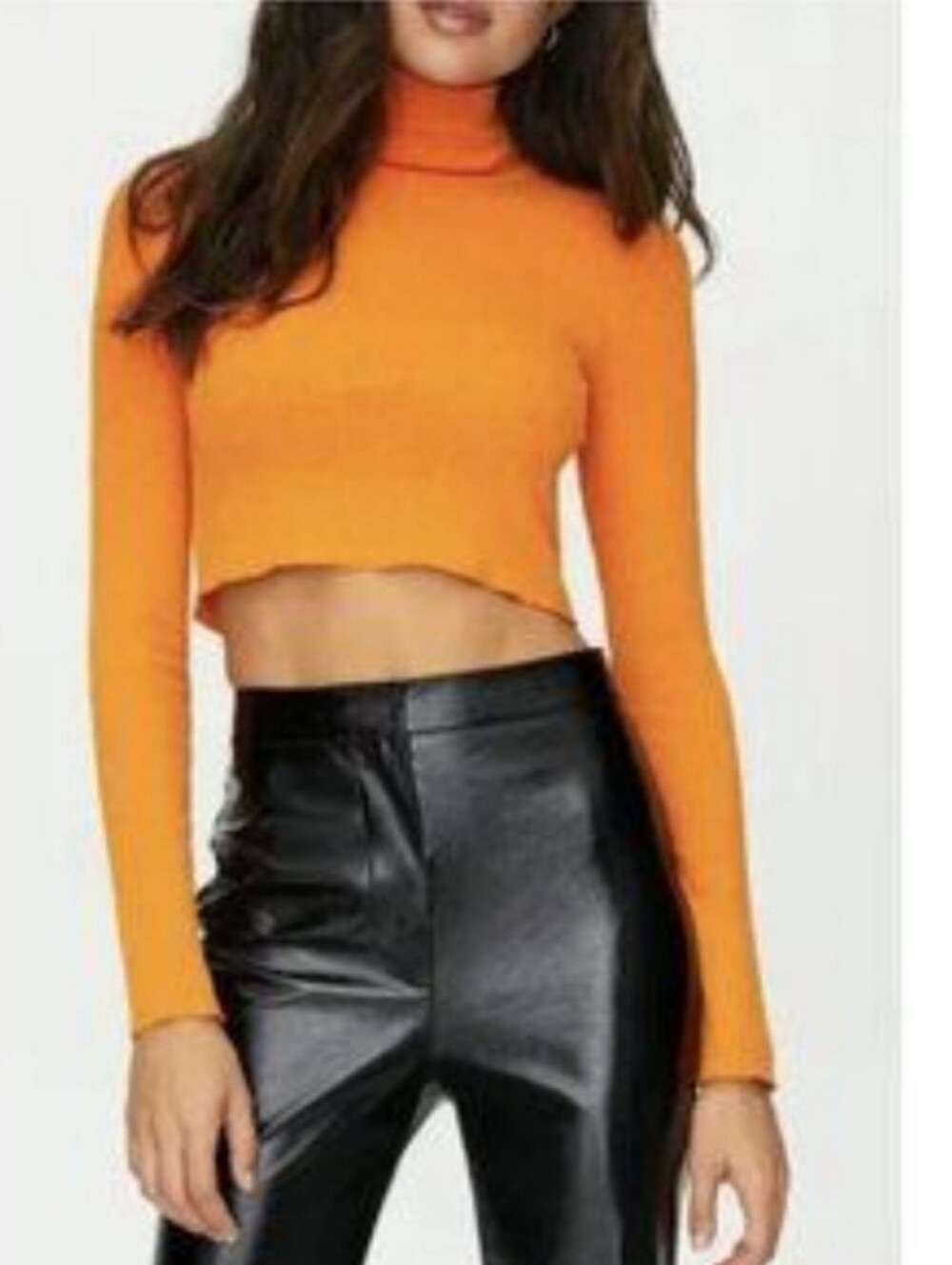 WILFRED FREE | Women's Orange Ribbed Mock Neck Long Sleeved Cropped Top